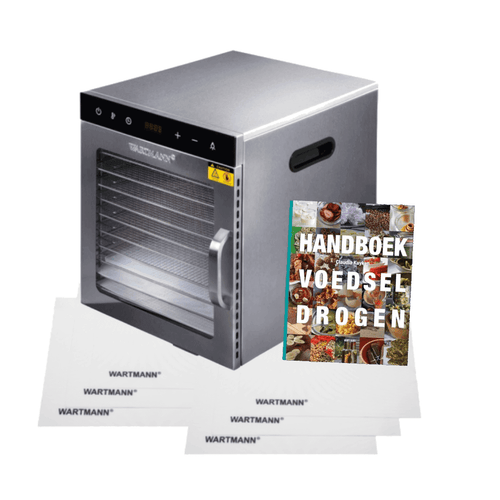 Wartmann Voedseldroger Voordeel Set – WM 2110 Dehydrator 10 Laags – Handboek Voedsel Drogen – 6 Siliconen Bakmatten – RVS Droogoven – 25°C tot 90°C
