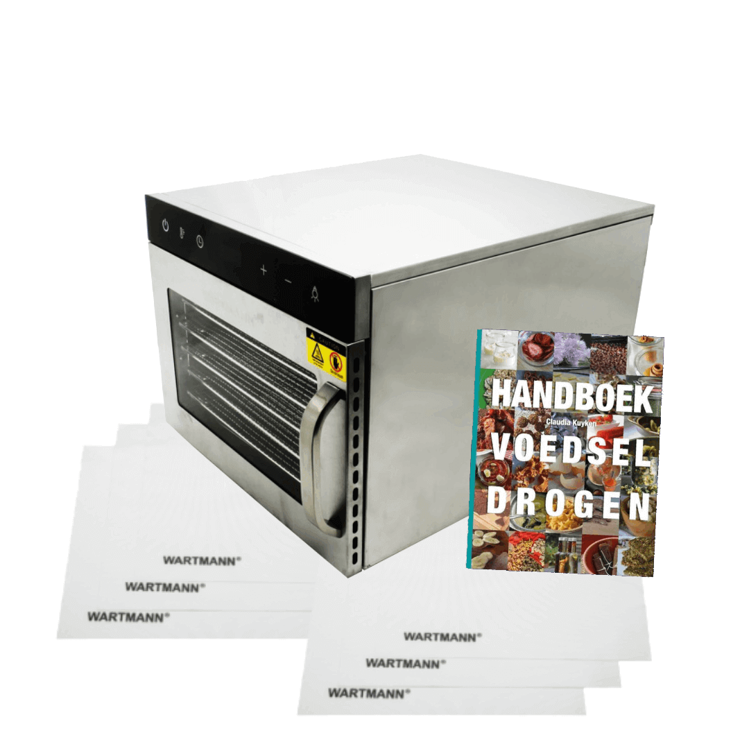 Wartmann Voedseldroger Voordeel Set – WM 2206 Dehydrator 6 Laags – Handboek Voedsel Drogen – 6 Siliconen Bakmatten – RVS Droogoven – 25°C tot 90°C